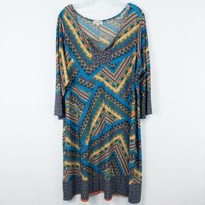 One World‎ 3/4 Sleeve Geometric Shift Dress Size 2X Boho Western Festival Artsy